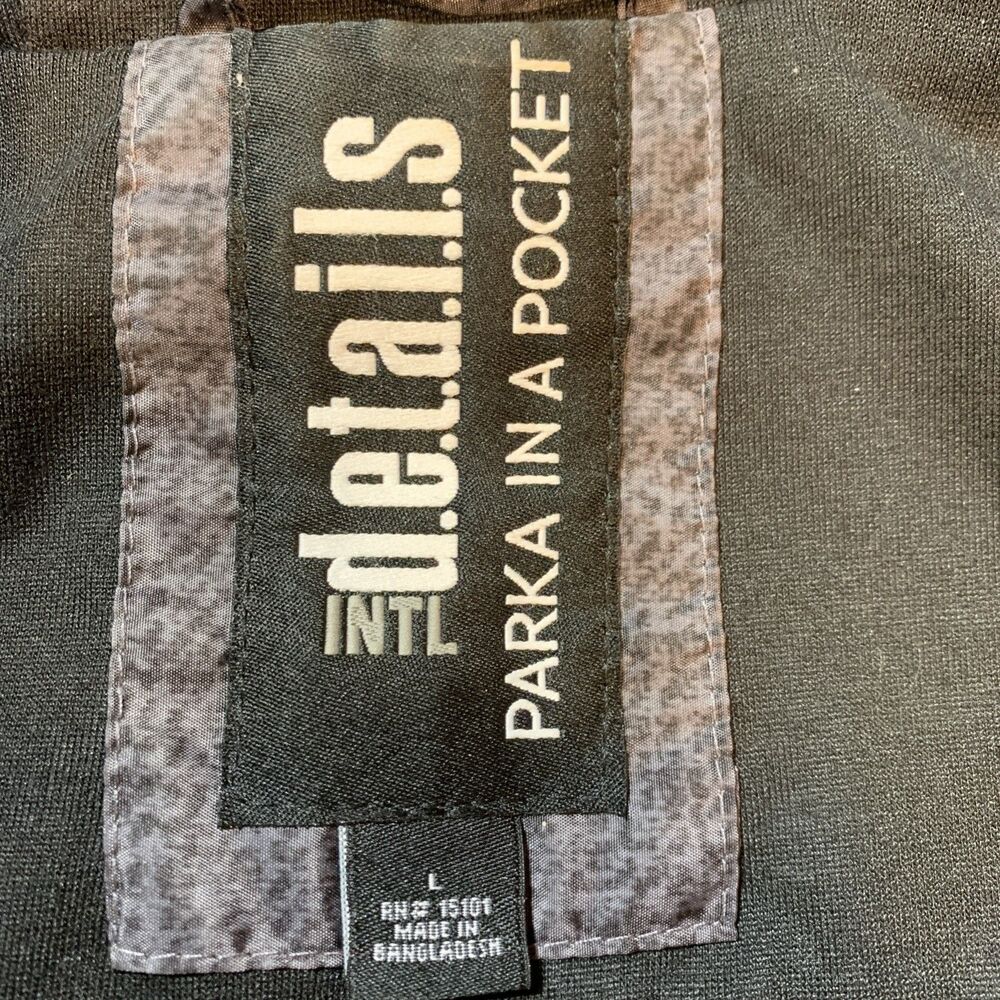 Intl Details Parka In A Pocket Black/Gray Jacket Hood Lightweight Packable L